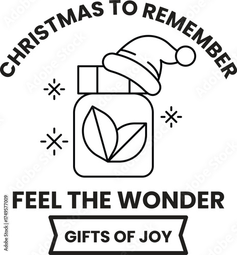 A black and white image of a jar with a green leaf on it and a santa hat on top