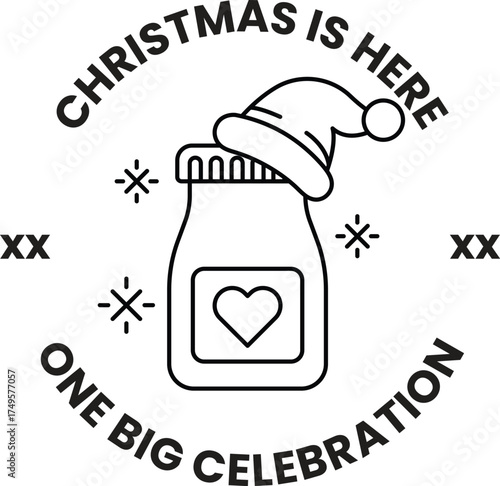 A black and white image of a jar with a Santa hat on it