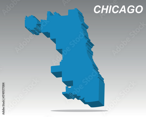 3D map provides a sharp, clean vector outline of Chicago, Illinois, the major metropolitan hub of the United States. Use this popular, modern graphic for presentations