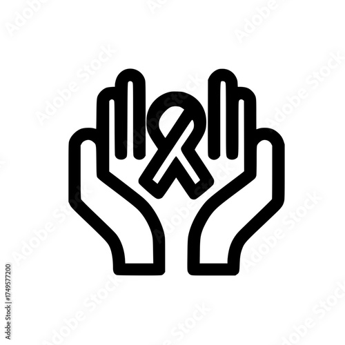 Black ribbon emblem above open hands representing tribute mourning and peaceful reflection