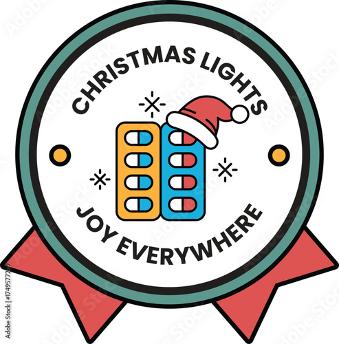 A round sticker with a red ribbon and a white background