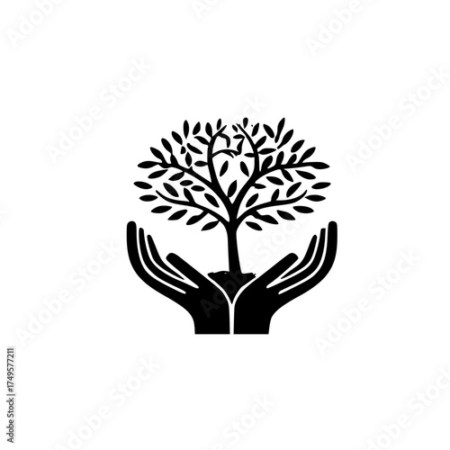 Eco friendly tree icon above open hands symbolizing conservation growth and natural harmony