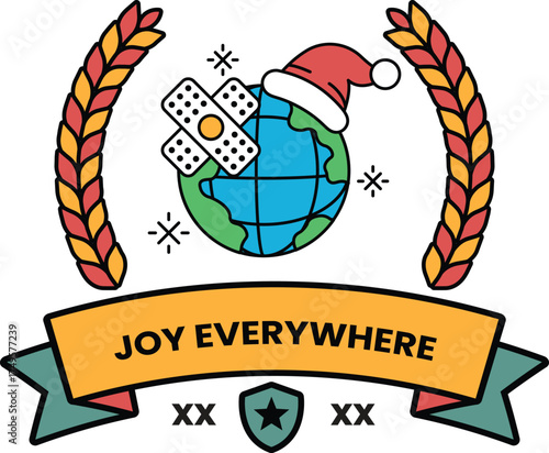 A poster with a globe and a Santa hat on it