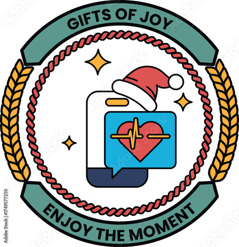 A sticker with a heart and a santa hat on it