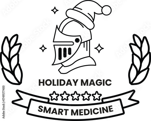 A black and white image of a knight with a hat and a shield
