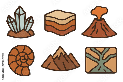 Geology and earth science icons featuring crystals, volcano, and ancient fossil remains