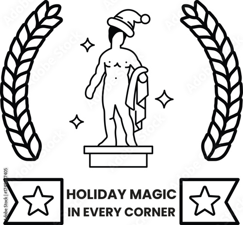 A black and white image of a man wearing a Santa hat and holding a flag