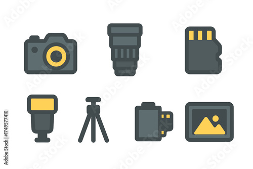 Stylized icons for photography equipment: camera, lens, and memory card
