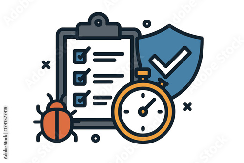 Software quality assurance checklist with bug and security symbols