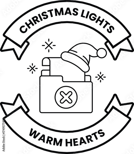 A black and white Christmas lights logo with a Santa hat on top
