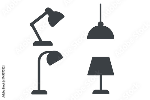 Four dark gray lighting fixture icons featuring desk and floor lamps
