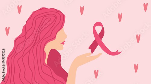 Stylized girl with pink hair holding breast cancer awareness ribbon, surrounded by cute hearts, pastel background – Outubro Rosa concept illustration
