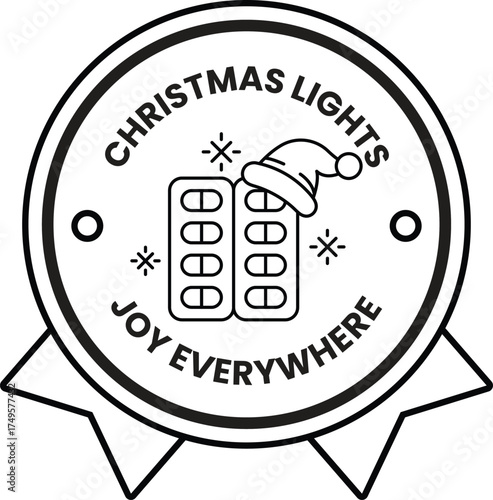 A black and white sticker with a Christmas light and a santa hat on it