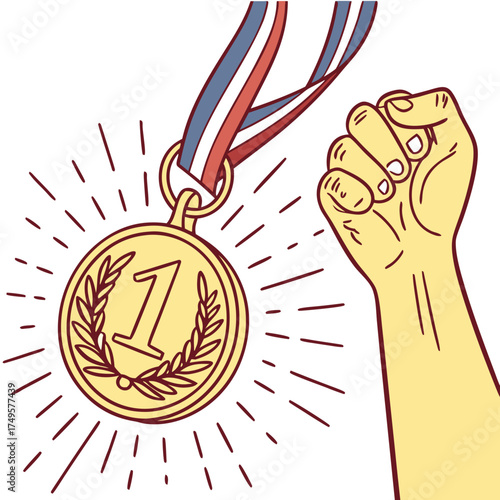 A golden medal, emblazoned with a "1" and laurel wreath, hangs from a red, white, and blue ribbon, positioned beside a raised, clenched fist. Radiating lines emanate from the medal, suggesting triumph