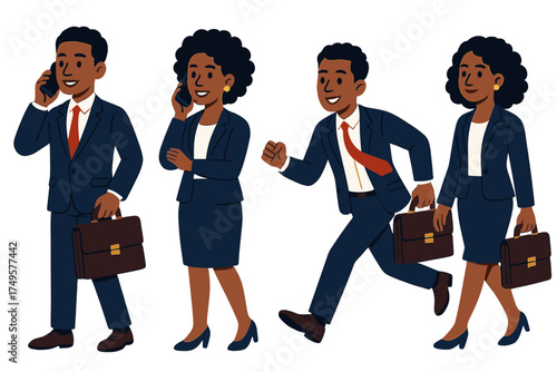 Business professionals walking and talking on mobile phones with briefcases