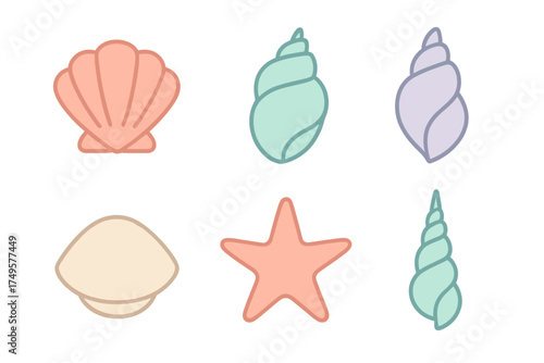 Pastel colored seashells and starfish icons set