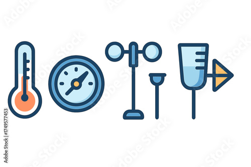 Collection of meteorological instruments: thermometer, barometer, anemometer, and rain gauge icons