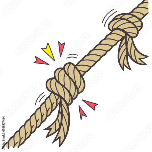 A thick, tan rope diagonally crosses the frame, strained and knotted in two places. The knots are tightly bound, with frayed ends extending outwards. Red and yellow burst lines emanate from the knots,