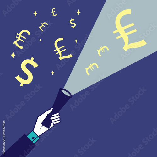 A hand holds a flashlight, its beam illuminating floating pound symbols, while euros and dollars drift in the darker background. Predominantly blue, the scene features yellow currency symbols, creatin