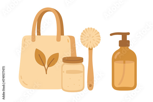 Set of reusable household items: canvas bag, glass jar, soap dispenser