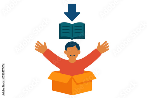 Person receiving knowledge download from open book icon