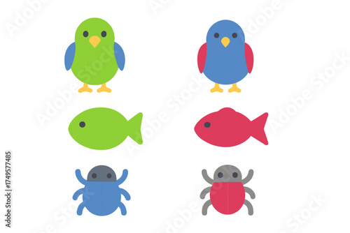 Colorful set of simple icons depicting bird fish and beetle shapes