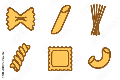 Six distinct dry pasta shapes icons set for food design
