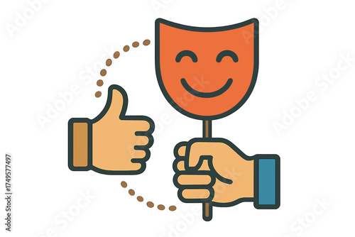 Positive feedback concept with thumbs up and happy mask icon