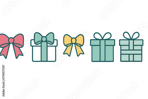 Assortment of colorful gift boxes and decorative bows icons