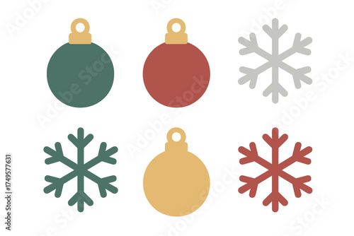 Assortment of simple holiday ornaments and snowflakes in muted colors