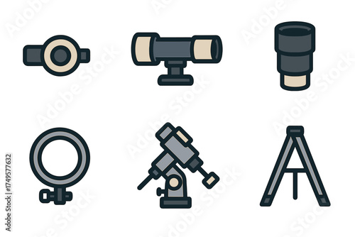 Astronomy equipment icons featuring telescope parts and tripod