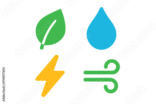 Four icons representing renewable energy and natural elements
