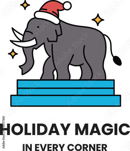 A cartoon elephant wearing a Santa hat and a Christmas hat