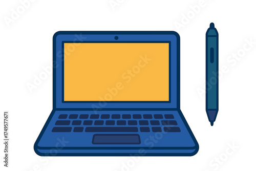 Blue laptop computer and digital drawing stylus pen icon