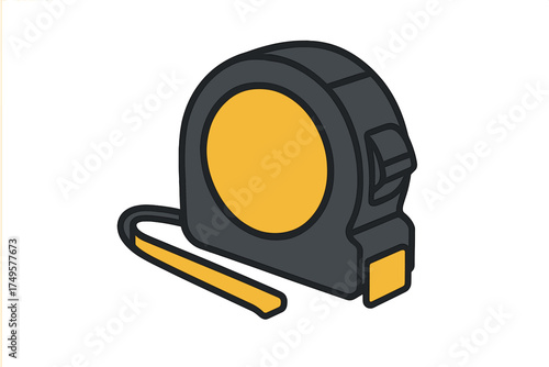 Isometric tape measure tool icon with yellow and dark gray casing