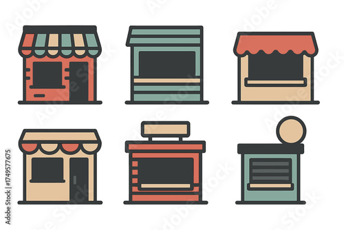 Six colorful storefront and kiosk icons with thick outlines