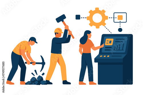 Progression of human labor from physical resource extraction to digital data handling