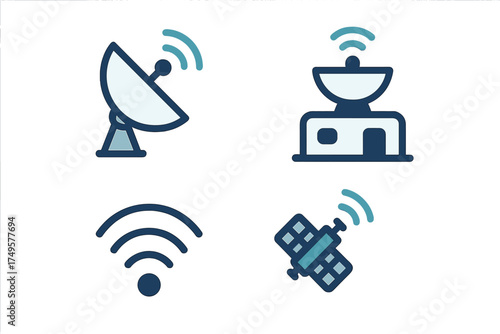 Communication technology icons featuring satellite dish and signal waves