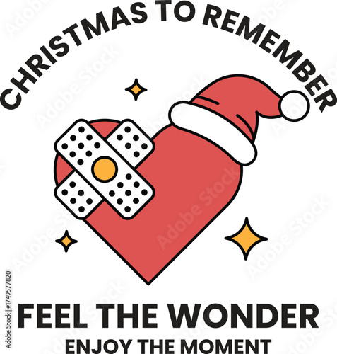 A red heart with a bandage on it and a santa hat on top