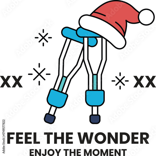 A cartoon of a pair of crutches with a red hat on top of them