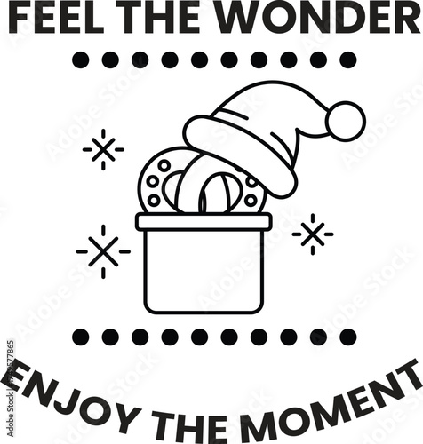 A black and white image of a hat with a Christmas tree on it