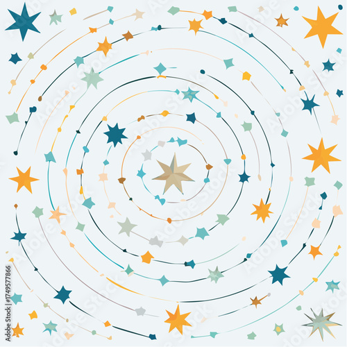 Abstract illustration of star patterns and orbital rings on a white background