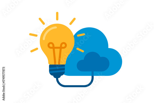 Glowing light bulb connected to blue cloud computing symbol