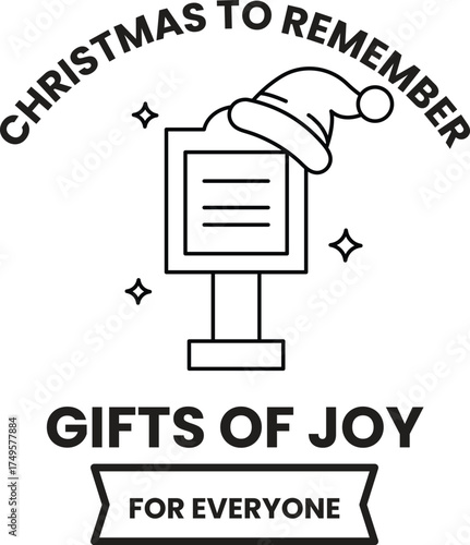 A black and white Christmas sign with a hat on it