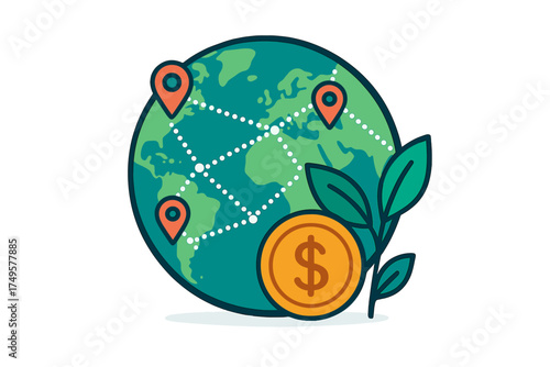 Worldwide financial expansion concept with map markers and money sign