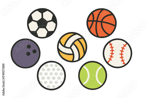 Seven distinct sports balls icons set for game design