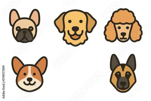 Five adorable dog breed heads icons in modern flat design style