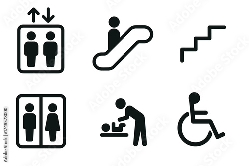 Public facility access and movement icons featuring elevator and stairs symbols