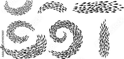 Underwater school of fish swimming in spiral and circular formations, black silhouette pattern on white background, marine life movement illustration, ocean wildlife design