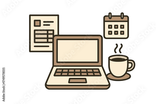Laptop computer with schedule document calendar and hot beverage icons